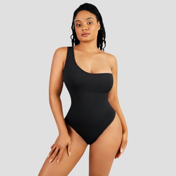 Off the Shoulder Tummy-Control Bodysuit, Black - Picture 1 of 6